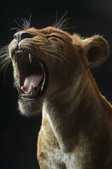 Naklejka premium Lioness Roaring in the Dark