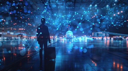 Fototapeta premium A silhouette of a traveler with a suitcase walking towards an airplane on a runway at night, with a network of glowing blue lines and dots in the background.