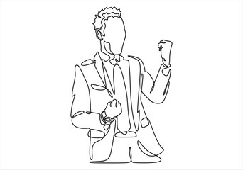 Continuous line drawing of happy businessman raising hands. Happy cheering young man. Concept of Business Success. 