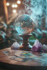 fortune telling ball, tarot cards on the table with crystals and smoke  