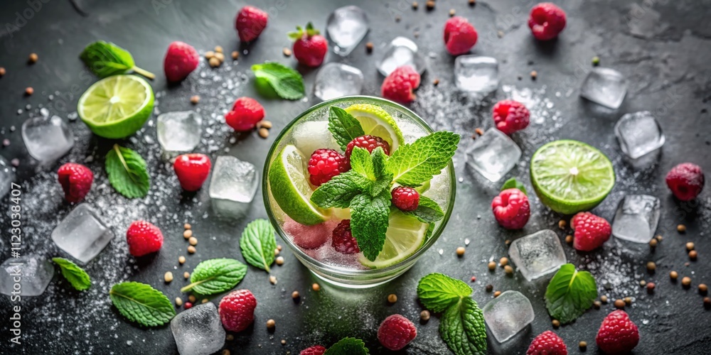 Poster Refreshing Mojito with Berries Against a Textured Background Perfect for Label Design and Banners Featuring Ice, Mint, Lime, and Raspberry in a Minimalist Style