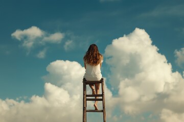 Woman on Ladder Contemplating Cloudscape: A state of mind evokes feelings of peace, serenity, and introspection as a woman sits atop a ladder, gazing at a breathtaking expanse of clouds