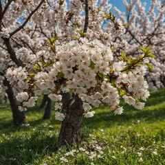 A springtime bouquet of blossoms under a blooming cherry tree.