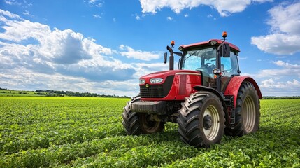 Obraz premium Red tractor on green field under blue sky with fluffy clouds for farming and agriculture concepts.
