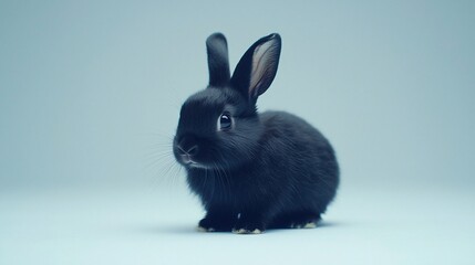 Obraz premium Adorable black bunny rabbit sitting on light blue background.