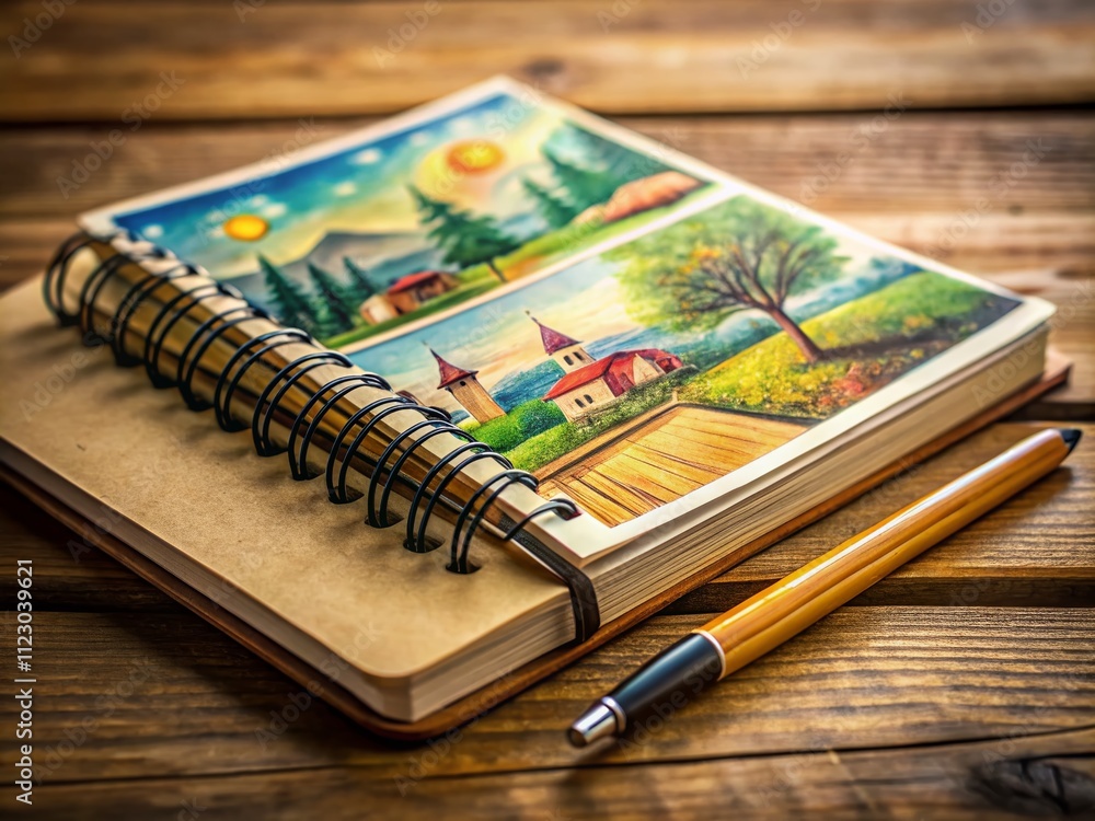 Poster retro lined notebook with blank pages and hand-drawn elements in tilt-shift photography style perfec