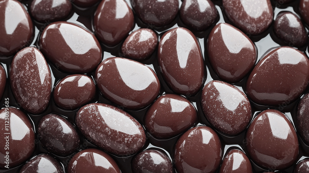 Aufkleber glossy mocha smooth stones scattered across a calm water surface, reflecting soft natural light in a