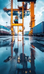 Container being lifted at shipping port front view Cargo handling efficiency, reflections on wet pavement after rain