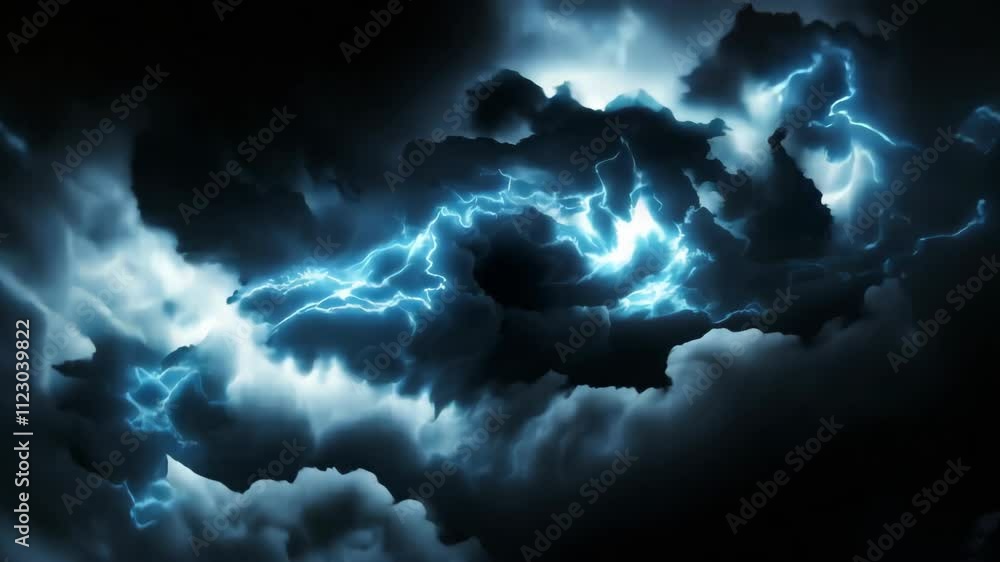 Poster electric blue lightning arcs in a circular pattern within dark storm clouds, creating a dramatic dis