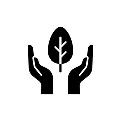 Obraz premium Conservation icon. Simple solid style. Hand leaf care, plant, nature, green, growth, natural, organic, eco life, environment concept. Black silhouette, glyph symbol. Vector illustration isolated.