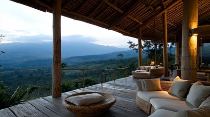 Obraz premium Panoramic mountain view from a luxurious, open-air deck with comfortable seating.
