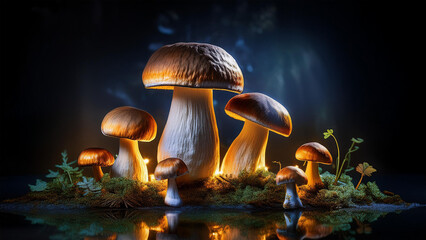 Fototapeta premium Steinpilz Pilze in Szene gesetzt Studio Hintergrund schwarz dunkel Präsentation isoliert Rezept Zutat Kochen Ernte Sammeln