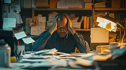 Overwhelmed by Paperwork: A Man Struggles Amidst a Messy Desk of Papers