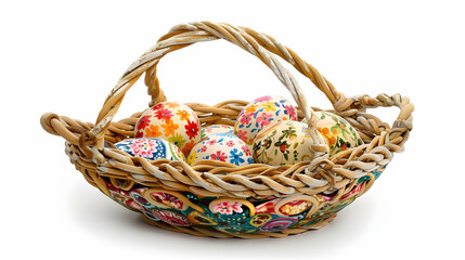 A woven basket filled with beautifully decorated Easter eggs, symbolizing spring celebrations.