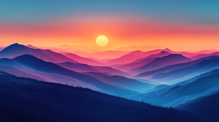 Fototapeta premium Minimalistic art of layered pastel mountains at dawn with soft gradient skies blending orange and purple