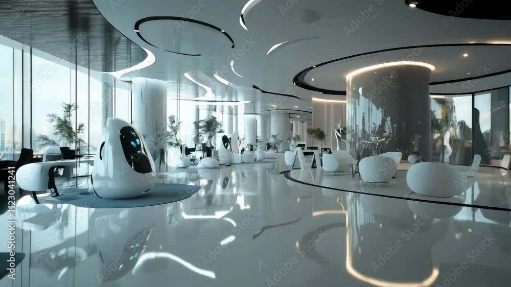 Poster autonomous robots navigate futuristic office buildings featuring large windows and sleek furniture, 