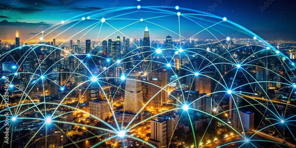 Poster rounded abstract cityscape representing network connections and global internet connectivity with a 