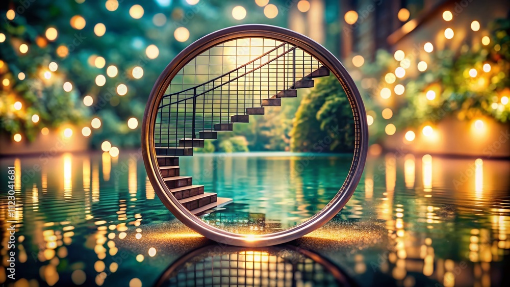 Poster round mirror with grid lines and dual stairs reflecting in a water-filled room captured with bokeh e
