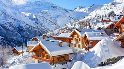 A snowy mountain town with many houses and a few people