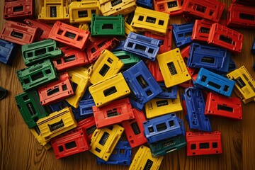 Chaotic Arrangement of Colorful Audio Cassette Tapes on Wooden Surface Under Overhead Lighting with Sharp Shadows in Retro Style