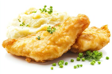 Composition of two golden fish fillets mashed potatoes nearby. White background. High-resolution image. Perfect stock photo; side view