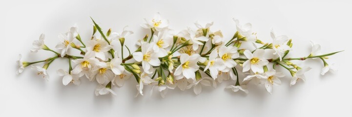 Fototapeta premium A banner depicting a blooming jasmine on a snow-white background. Delicate, bright white flowers are arranged in an organic, natural order.