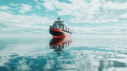 Fototapeta premium Container ship in the sea, front view, water reflection