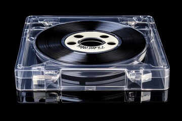 Clear Plastic Case Containing Black Tape with Handwritten Label on Top, Surrounded by Bright Directional Light Enhancing Clean Reflections on a Dark Surface