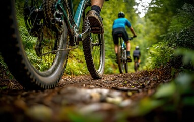 Fototapeta premium Mountain Biking Through Lush Forest Trails: An Exhilarating Adventure on Two Wheels. Explore the scenic beauty of nature as you pedal through winding dirt paths, surrounded by towering trees
