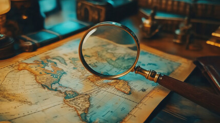magnifying glass rests on vintage world map, highlighting exploration and discovery. warm lighting enhances nostalgic atmosphere of adventure