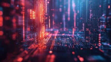 Obraz premium Abstract Digital Landscape: Neon Cityscape of Binary Code and Data Streams