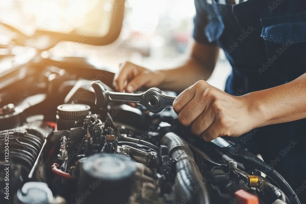 Poster close-up image of a mechanic's oil-stained hands gripping a wrench while adjusting engine components
