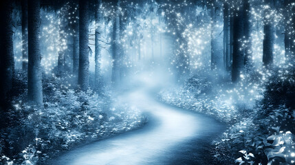 Obraz premium Enchanting winter forest path, magical light sparkles, serene winter wonderland scene, fantasy forest background.