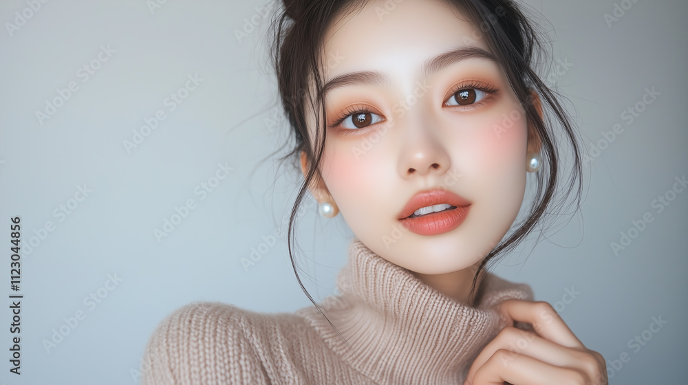 Poster 美肌の若くて可愛いアジア女性モデルが笑顔でカメラを見つめている。美容・ファッションポートレート。
