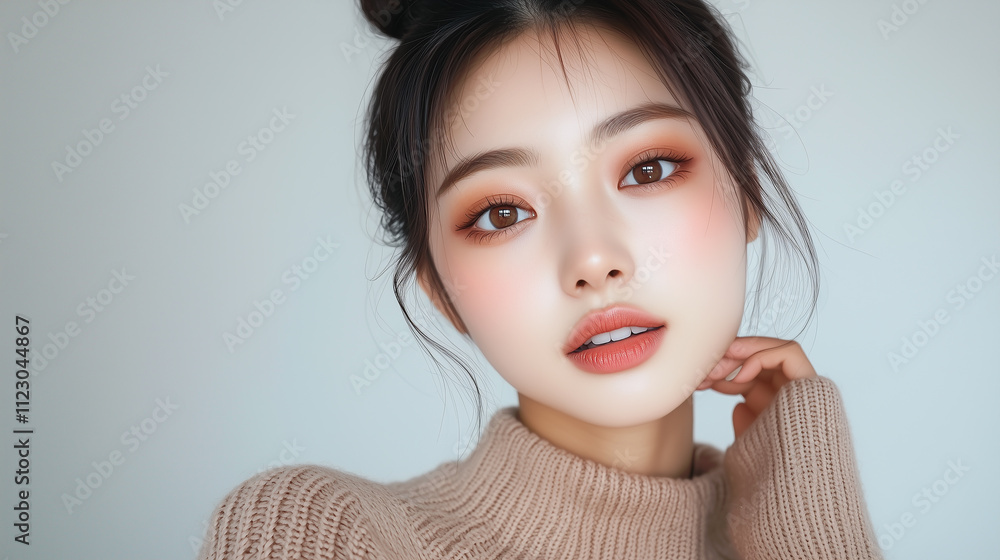 Aufkleber 美肌の若くて可愛いアジア女性モデルが笑顔でカメラを見つめている。美容・ファッションポートレート。