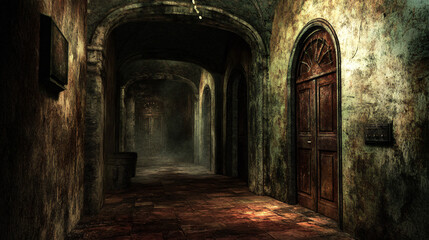 Fototapeta premium A basement corridor with doors that seem to be slightly ajar, with faint sounds coming from beyond.