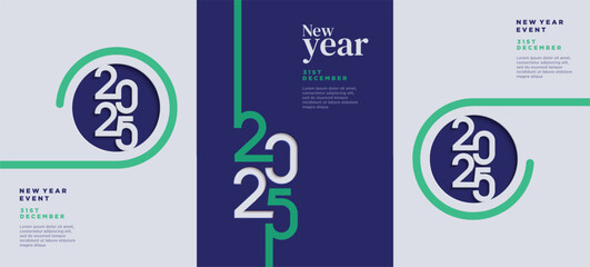 Naklejka premium Creative concept Happy New Year 2025 poster set. Design template with 2025 typography logo for celebration and season decoration. Minimalist trendy background for branding, banner, cover, card.