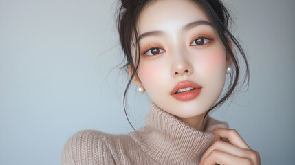 美肌の若くて可愛いアジア女性モデルが笑顔でカメラを見つめている。美容・ファッションポートレート。