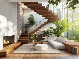 Modern Biophilic Interior Design with Floating Wooden Staircase