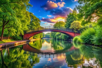 Scenic View of a Canal Bridge Over Water Surrounded by Lush Greenery, Perfectly Framed with Copy Space for Text Overlay or Branding