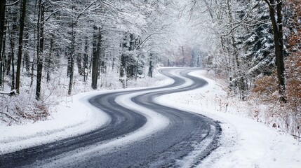 Winding Snow Covered Road Through Winter Forest