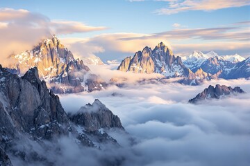 Majestic mountain peaks rising above a sea of clouds during sunrise