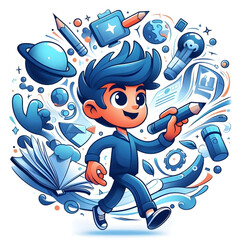 cartoon illustration of a boy studying