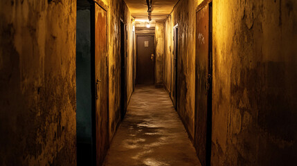 A basement corridor with doors that seem to be slightly ajar, with faint sounds coming from beyond.