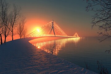 Obraz premium A serene sunset over a bridge, reflecting light on calm waters with snowy banks.