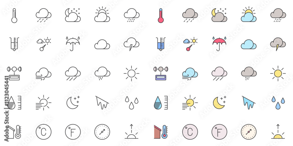 Poster weather forecast line and filled outline vector icons set