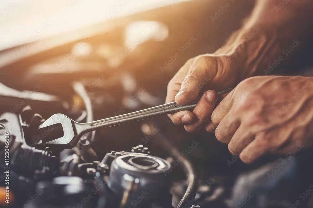 Poster close-up of hands gripping a wrench to adjust engine components with oil-stained fingers in an intri