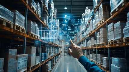 Manager using digital interface to manage inventory and logistics in warehouse