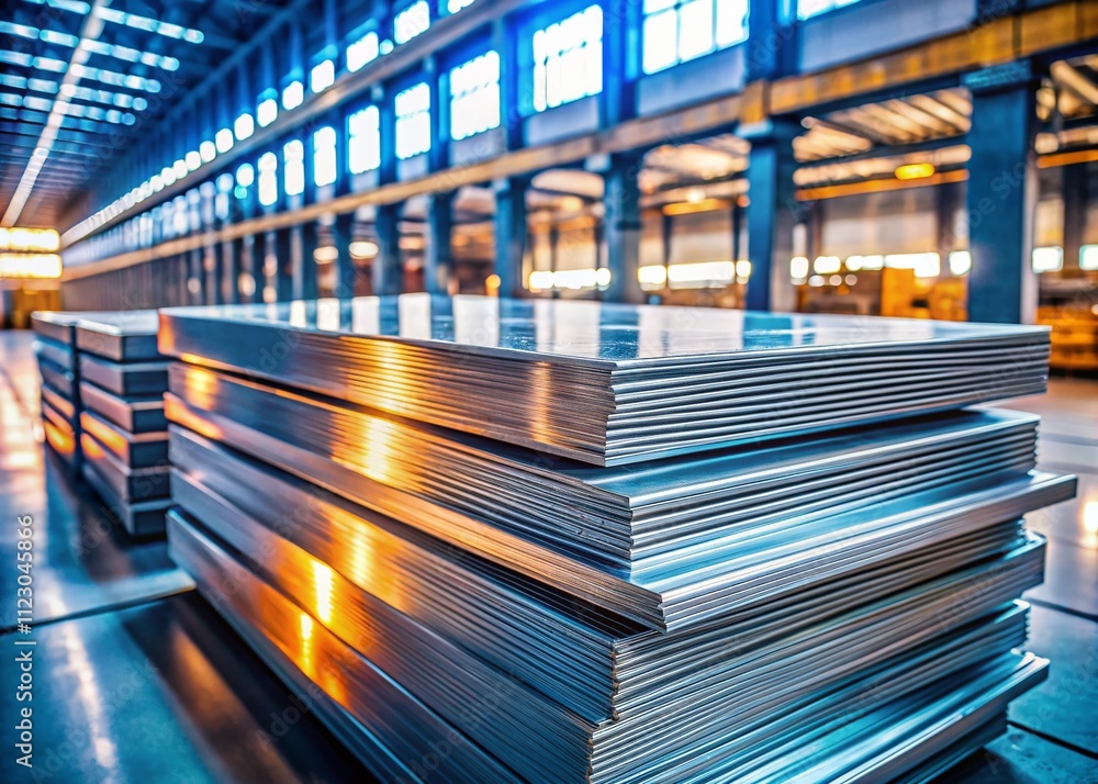 Poster selective focus on stacked electro galvanized sheet metal in a factory setting with noise effect, sh
