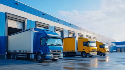 Trucks with cargo trailer leaving warehouse logistics center
